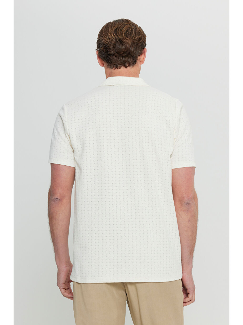 Erkek Ekru Pamuklu Slim Fit Dar Kesim Polo Yaka Jakarlı Esnek Tişört-5