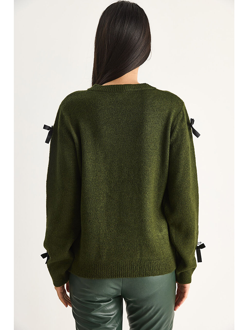 Yeşil Kadın Fiyonklu Regular Triko Kazak-6