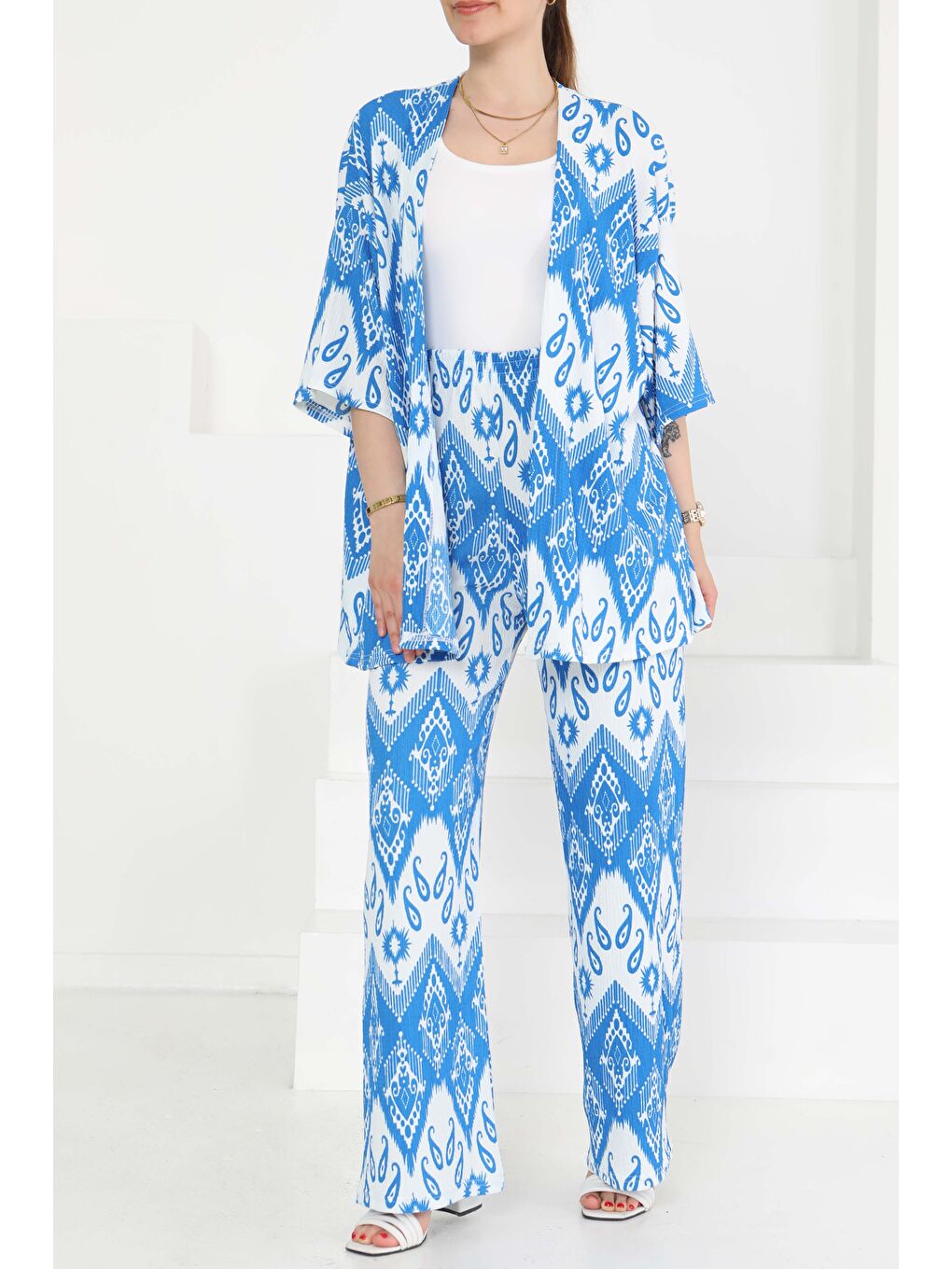 Desenli Kimono Takım Mavi - 27286-3