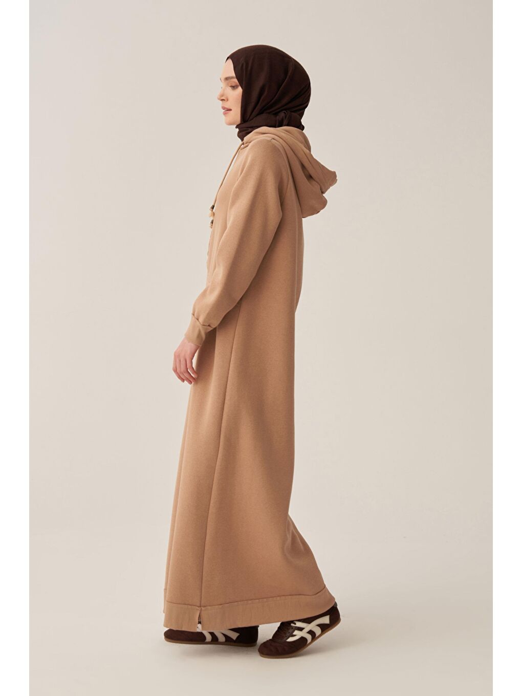 Bej-Pamuklu Kapüşonlu Şardonlu Elbise-2