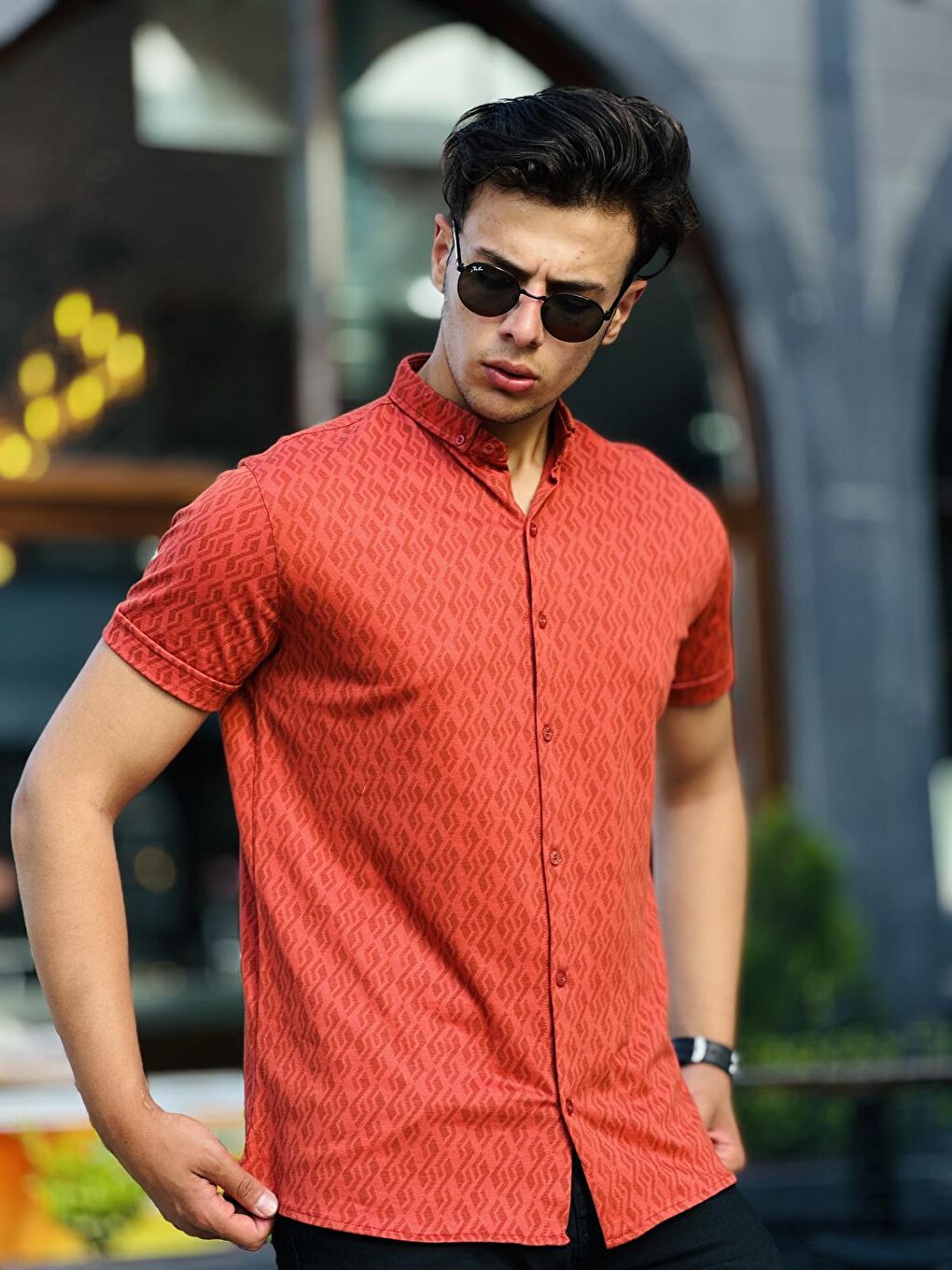 Kahverengi Oxford Z Desen Dijital Baskı Kısa Kollu Gömlek-Kiremit-1