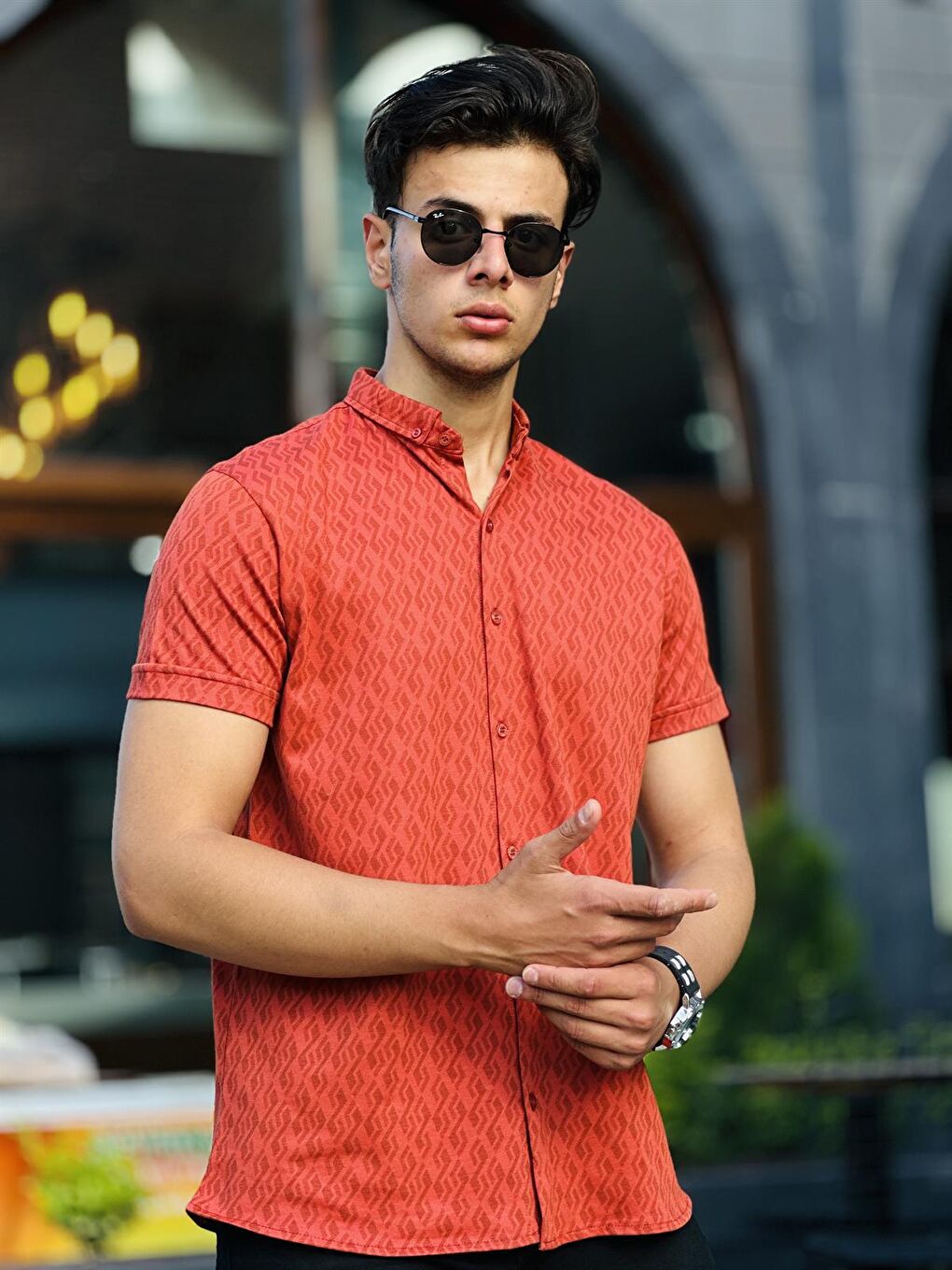 Kahverengi Oxford Z Desen Dijital Baskı Kısa Kollu Gömlek-Kiremit-2