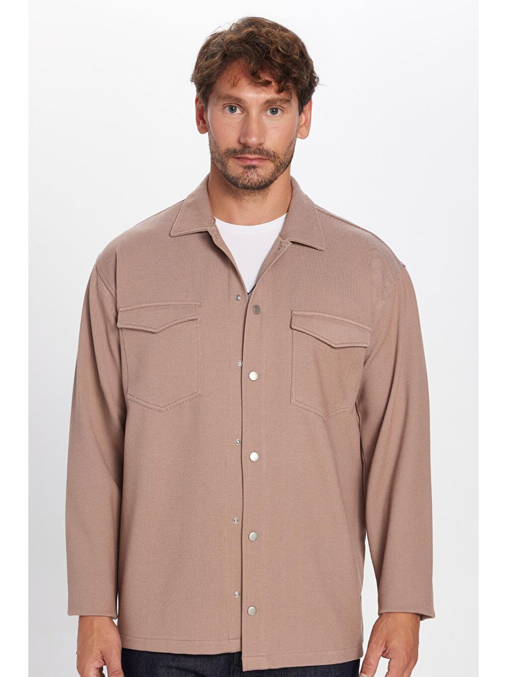 Bej Erkek Relax Fit Rahat Kesim Çift Cepli Örme Vizon Apaş Yaka Gömlek-2