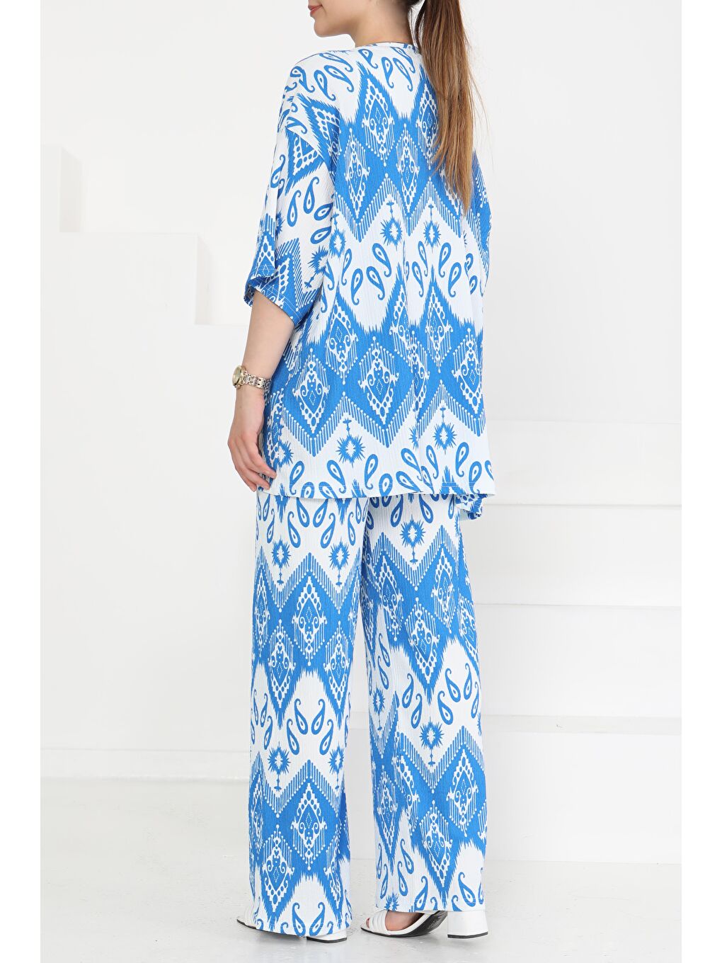 Desenli Kimono Takım Mavi - 27286-4