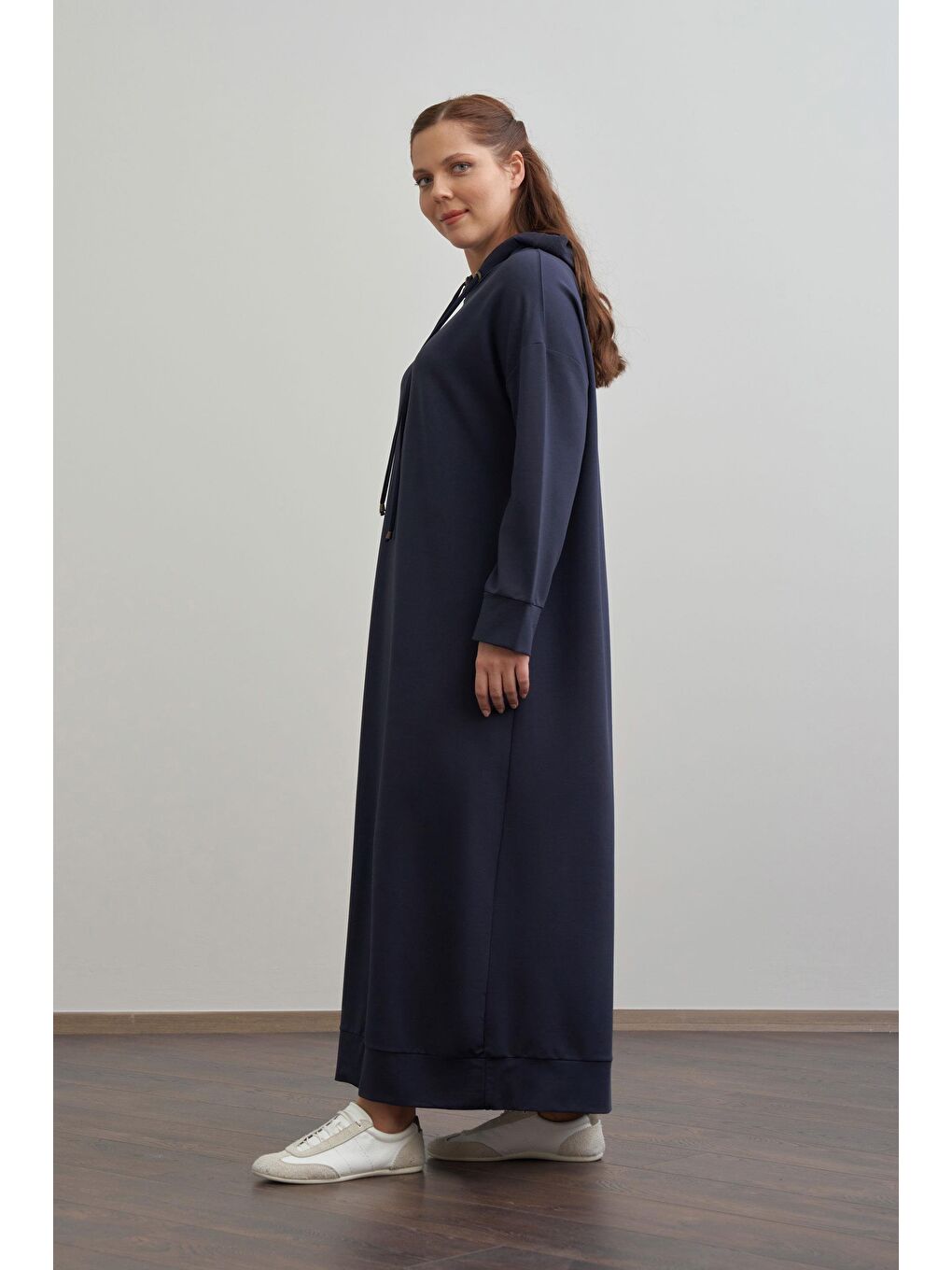 Lacivert-Büyük Beden Kapüşonlu Basic Örme Elbise-1