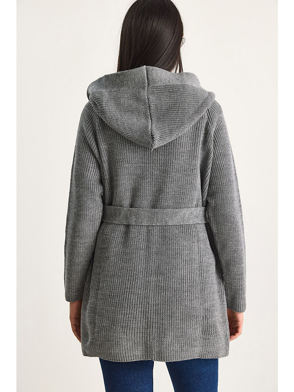 Antrasit Kadın Kapüşonlu Şal Yaka Kuşaklı Hırka-1