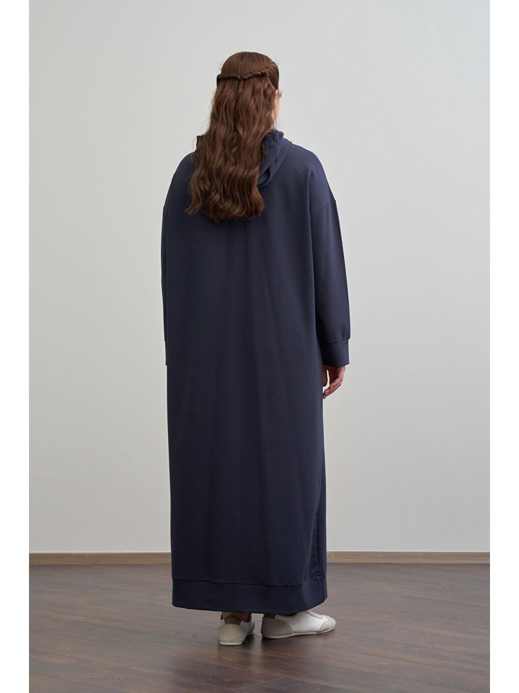 Lacivert-Büyük Beden Kapüşonlu Basic Örme Elbise-2