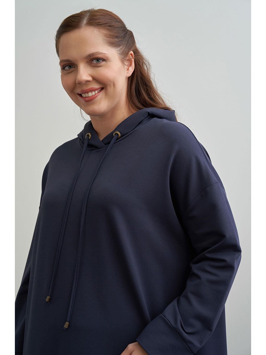 Lacivert-Büyük Beden Kapüşonlu Basic Örme Elbise-3