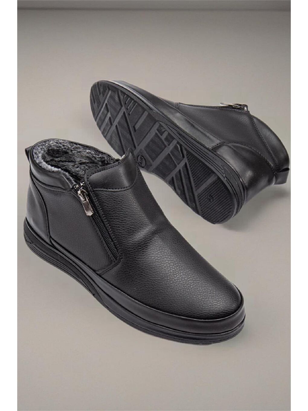 Siyah F102 Çift Fermuarlı Soğuk Geçirmez İçi Kürklü Erkek Postal-1