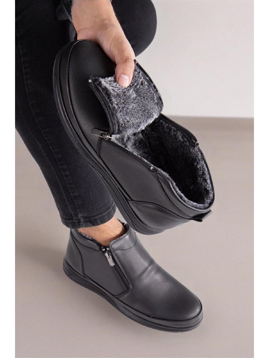 Siyah F102 Çift Fermuarlı Soğuk Geçirmez İçi Kürklü Erkek Postal-2