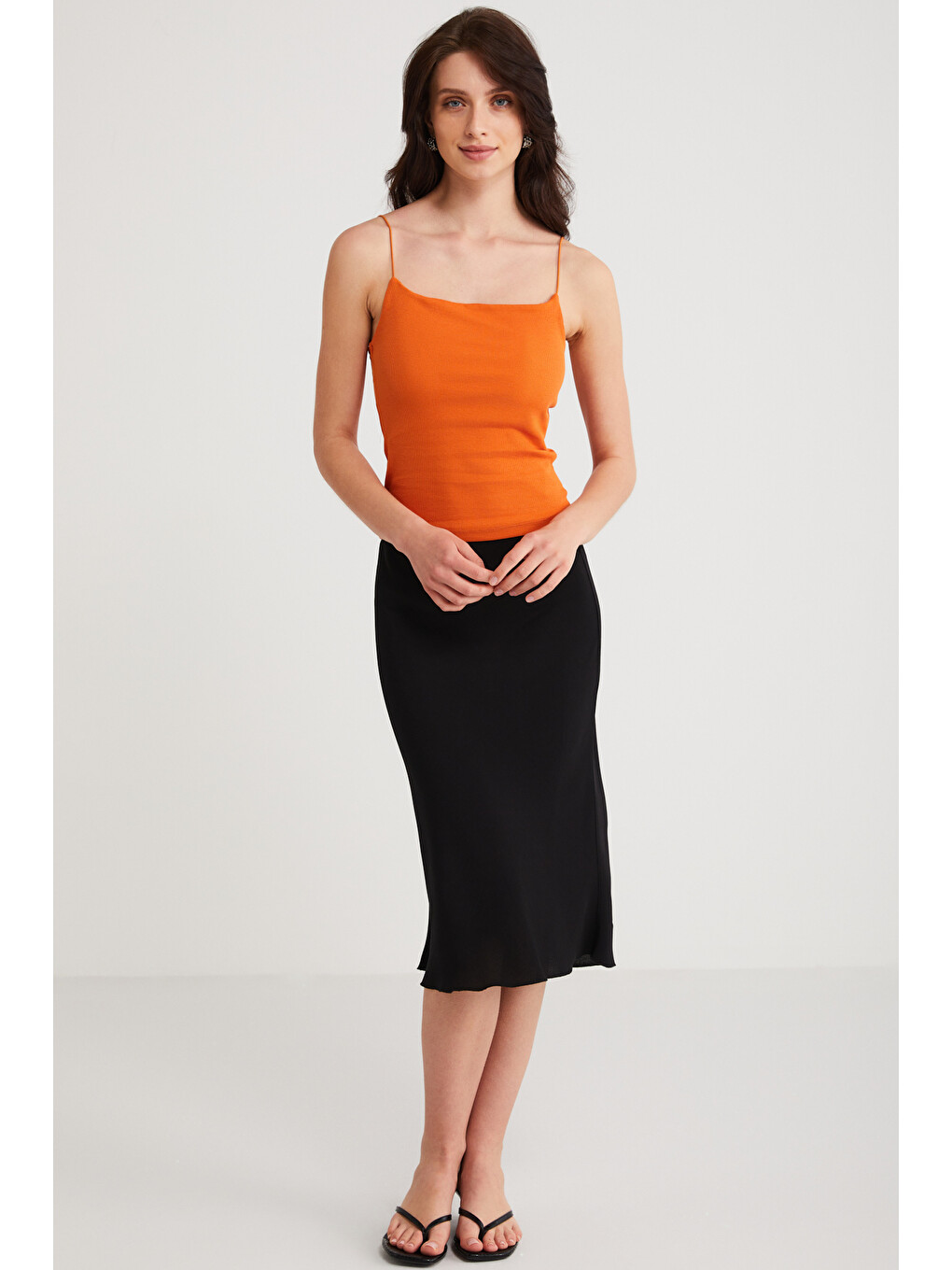 Ayane Kadın Pamuklu Slim Fit İnce Askılı Kare Yakalı Basic Turuncu Atlet Turuncu Atlet-1