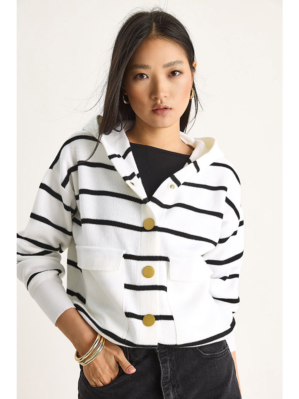 Lila Kadın Çizgili Büyük Cepli Kapüşonlu Hırka-1