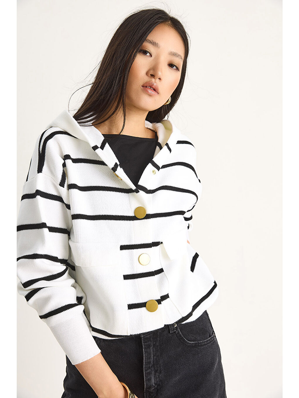 Lila Kadın Çizgili Büyük Cepli Kapüşonlu Hırka-2