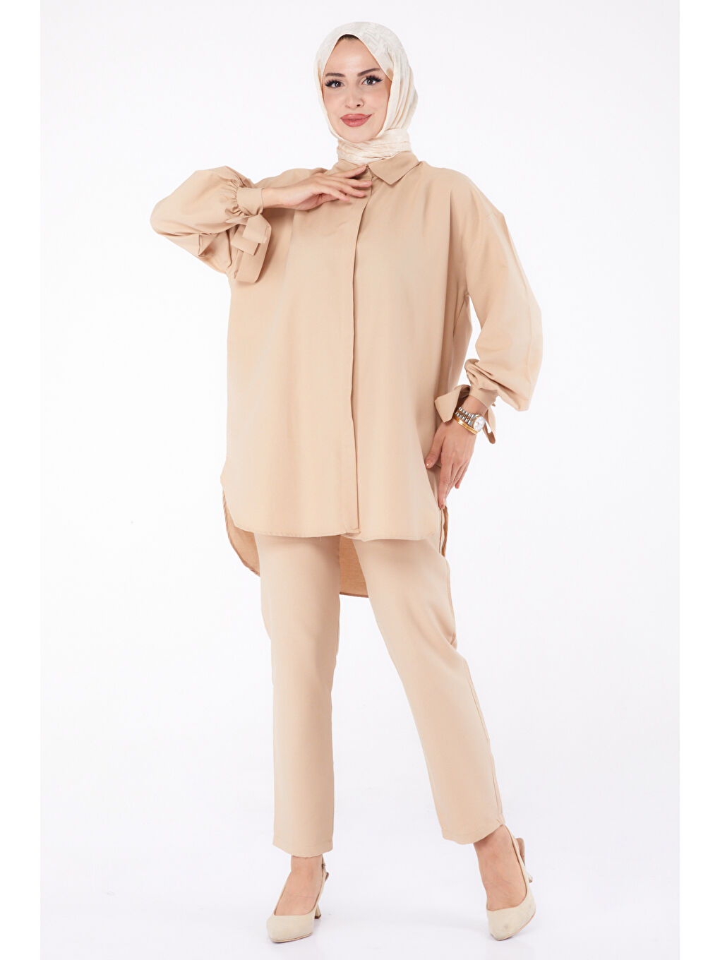 Bej Kol Detaylı İkili Takım Vizon - 27085