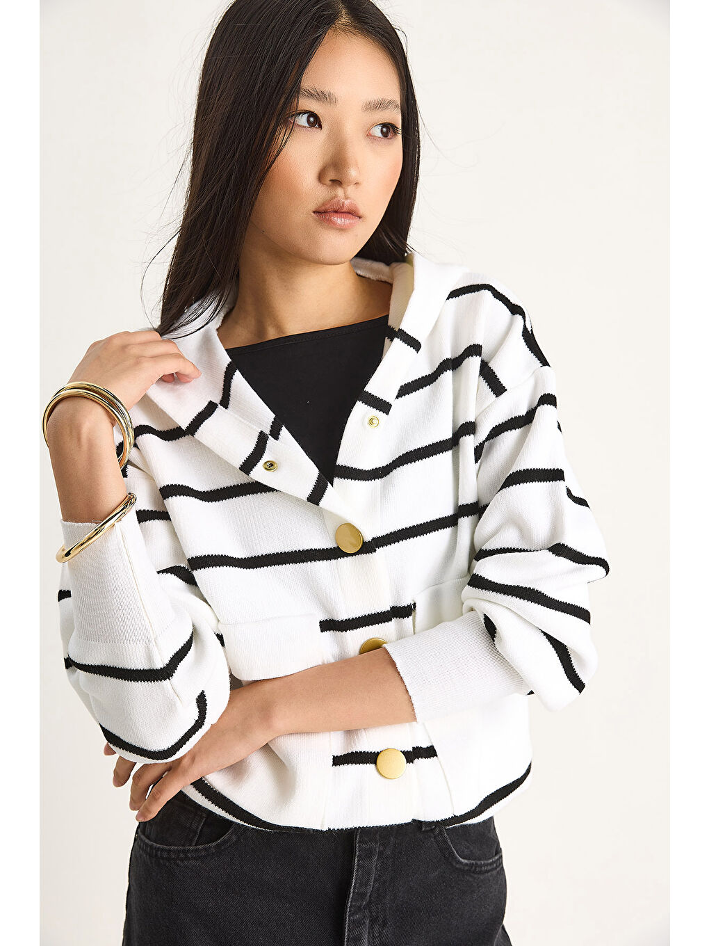 Lila Kadın Çizgili Büyük Cepli Kapüşonlu Hırka-3