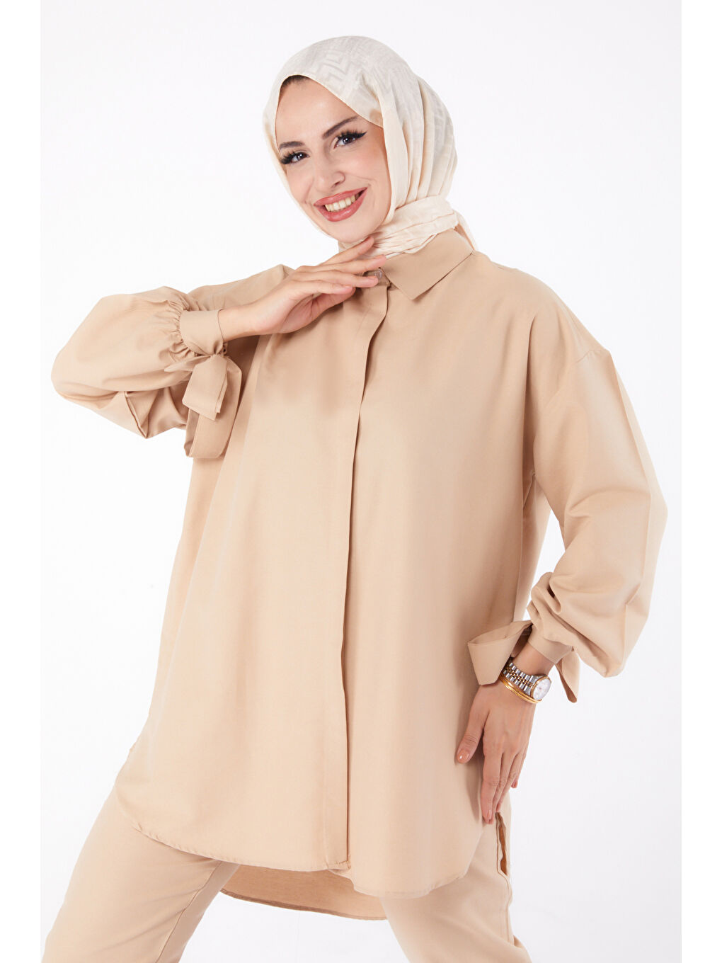 Bej Kol Detaylı İkili Takım Vizon - 27085-1