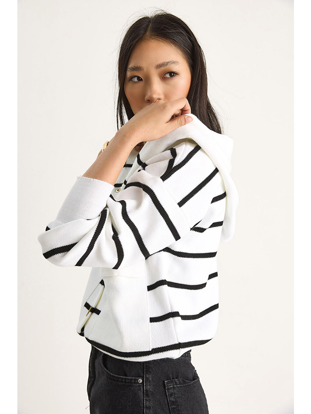 Lila Kadın Çizgili Büyük Cepli Kapüşonlu Hırka-4