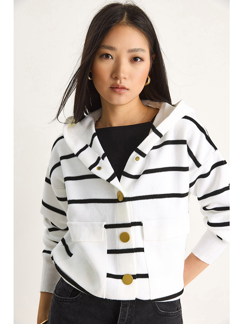 Lila Kadın Çizgili Büyük Cepli Kapüşonlu Hırka-5