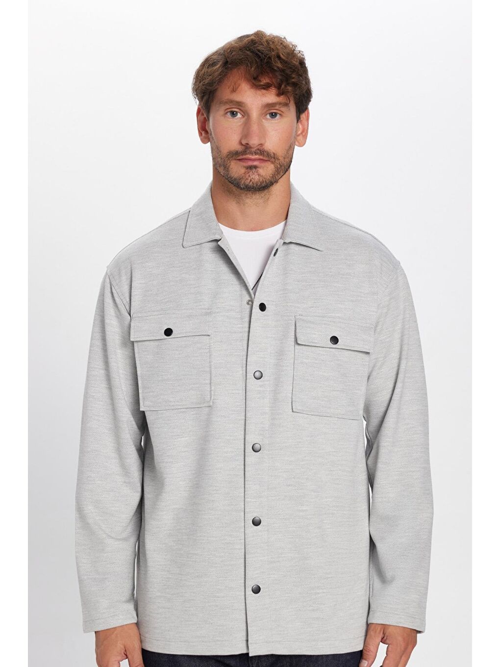 Erkek Relax Fit Rahat Kesim Çift Cepli Örme Gri Apaş Yaka Gömlek-2