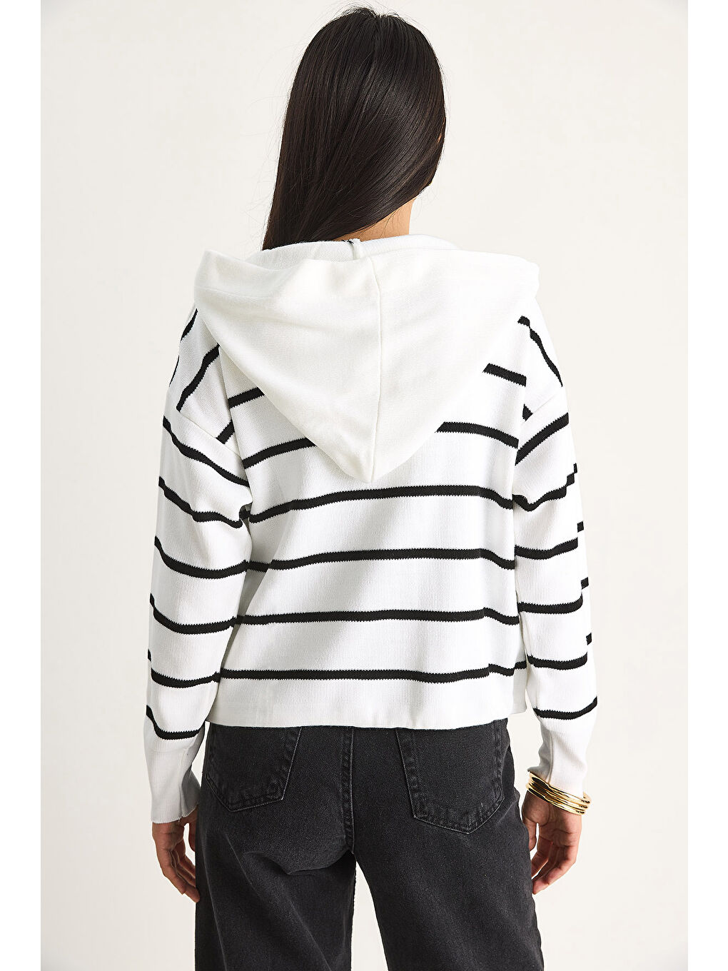 Lila Kadın Çizgili Büyük Cepli Kapüşonlu Hırka-7