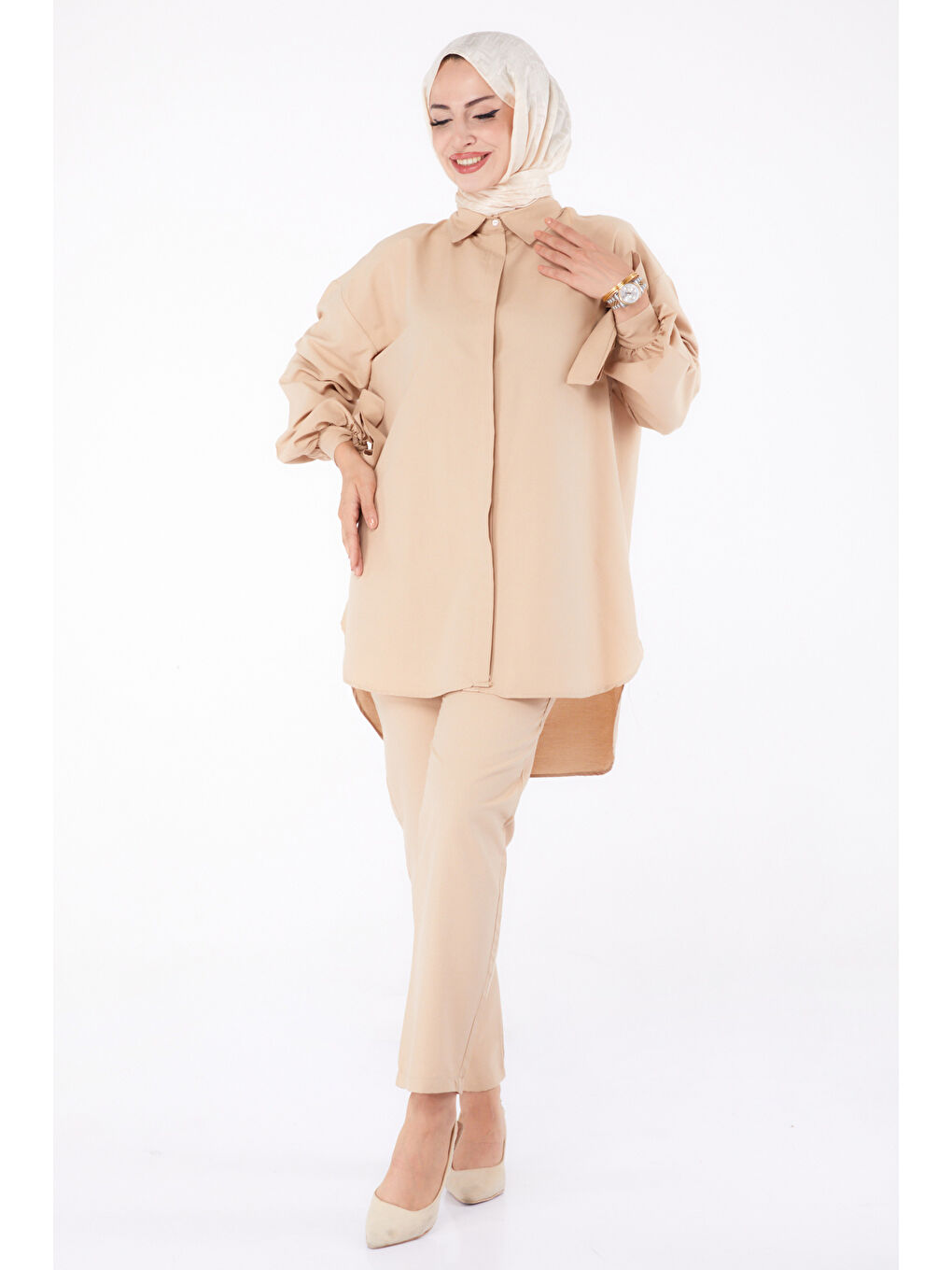 Bej Kol Detaylı İkili Takım Vizon - 27085-4