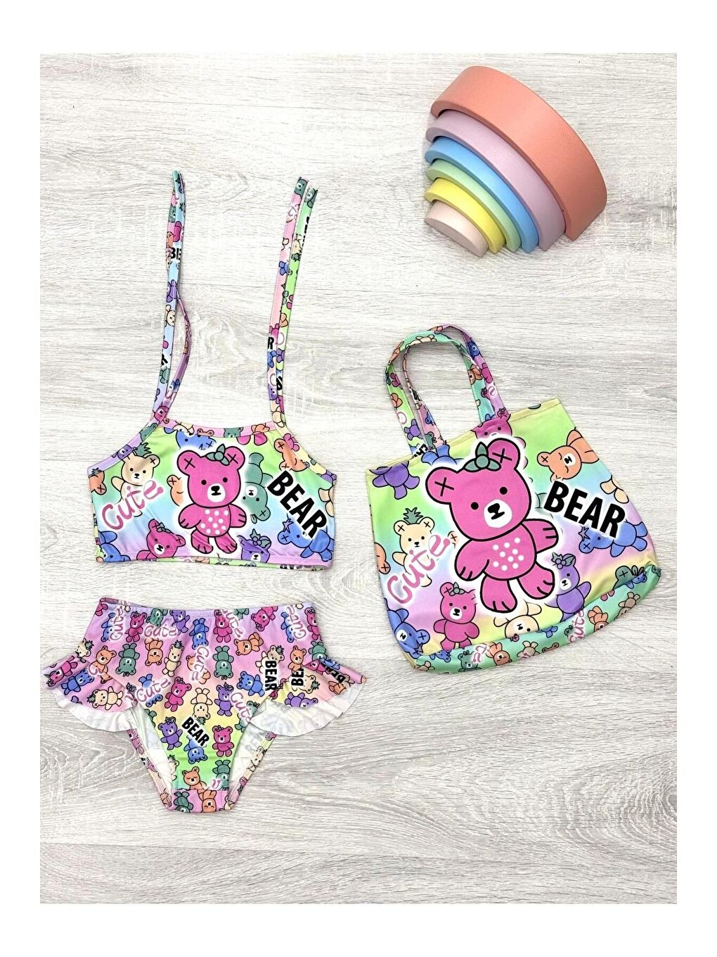 Yeşil Üç Parça Çantalı Kız Çocuk Fırfırlı Bikini Takım