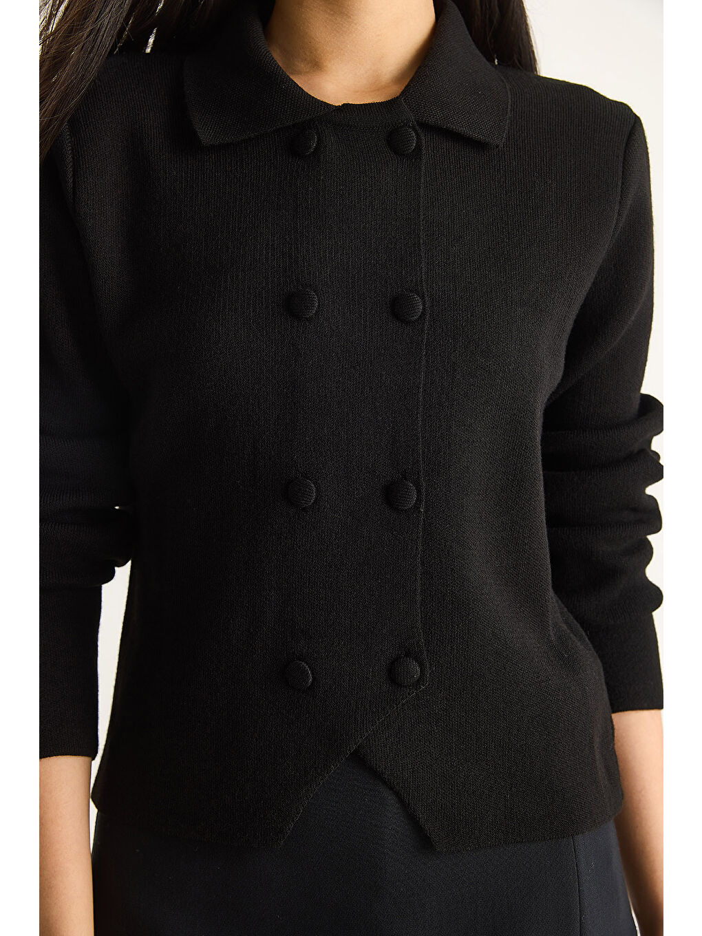 Siyah Kadın Çift Düğme Detaylı Kruvaze Hırka-5