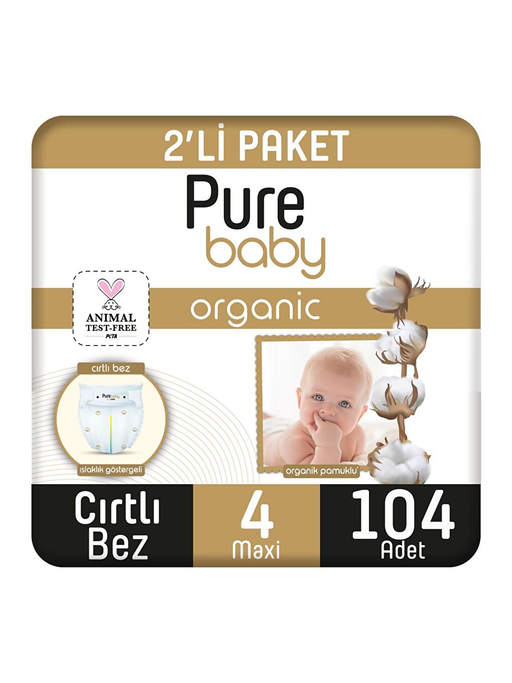 Pure Baby Organik Pamuklu Cırtlı Bez 2'li Paket 4 Numara Maxi 104 Adet