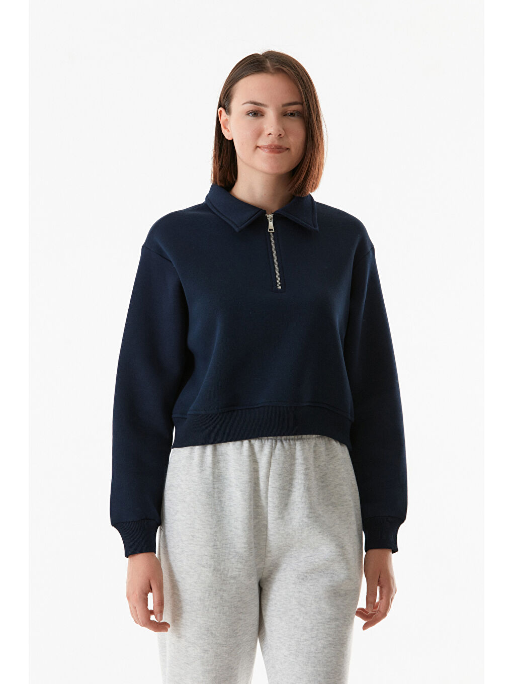 Fullamoda Lacivert Polo Yaka Yarım Fermuarlı Crop Sweatshirt - 2