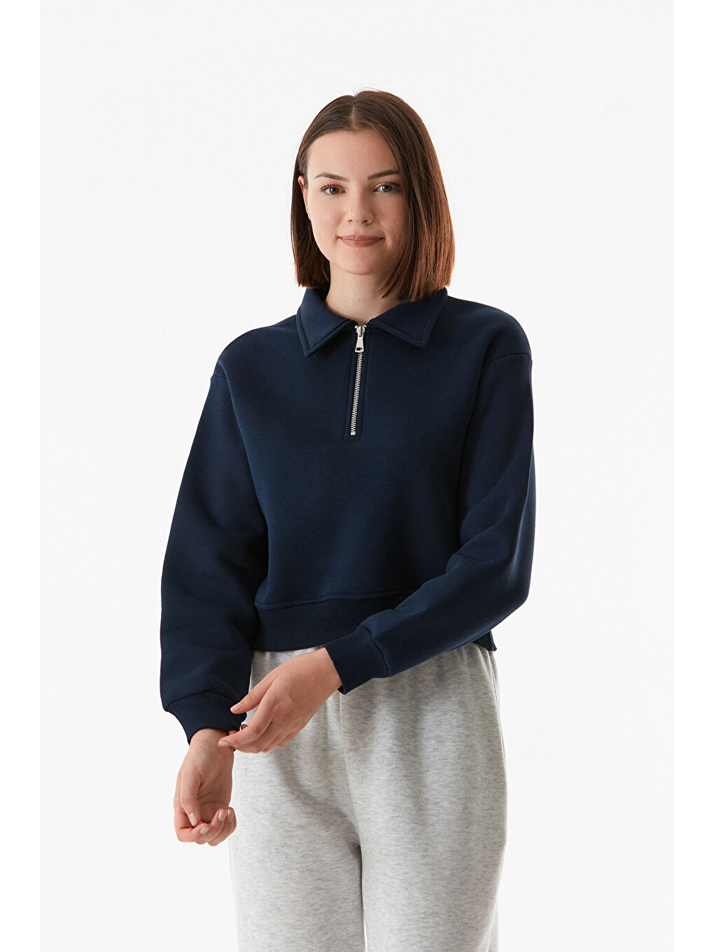 Fullamoda Lacivert Polo Yaka Yarım Fermuarlı Crop Sweatshirt - 4