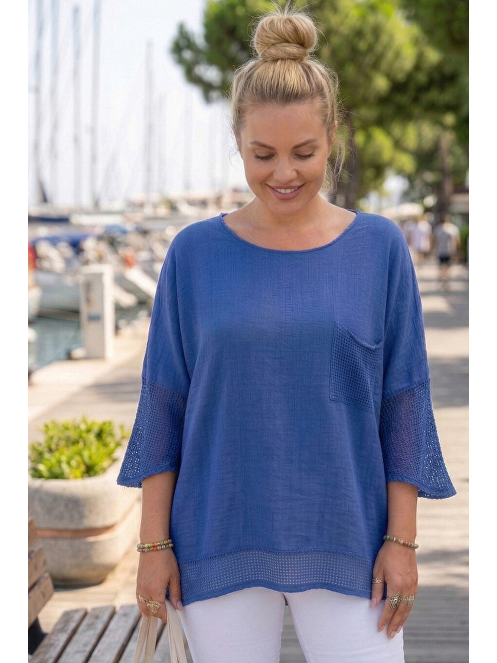 Mavi Bisiklet Yaka 3/4 Kol, Kol Ve Etek Ucu File Detaylı Casual Müslin Oversize Dokuma Bluz 60 65-2