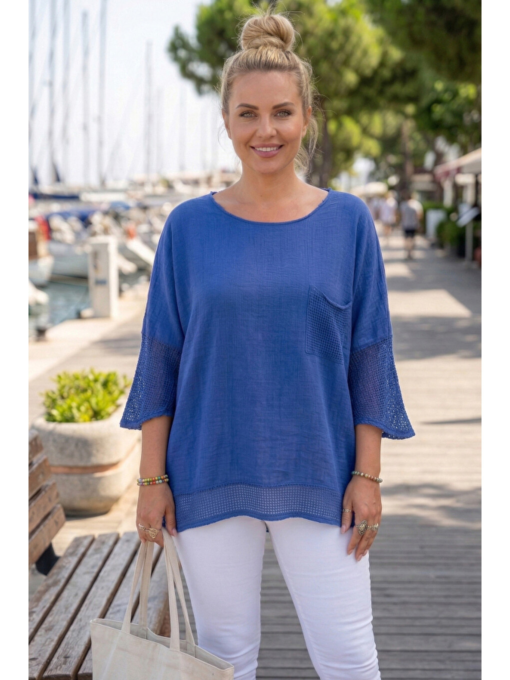 Mavi Bisiklet Yaka 3/4 Kol, Kol Ve Etek Ucu File Detaylı Casual Müslin Oversize Dokuma Bluz 60 65-3
