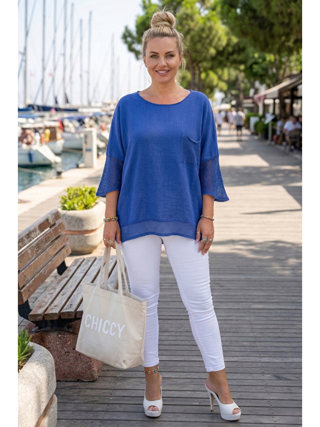 Mavi Bisiklet Yaka 3/4 Kol, Kol Ve Etek Ucu File Detaylı Casual Müslin Oversize Dokuma Bluz 60 65-4