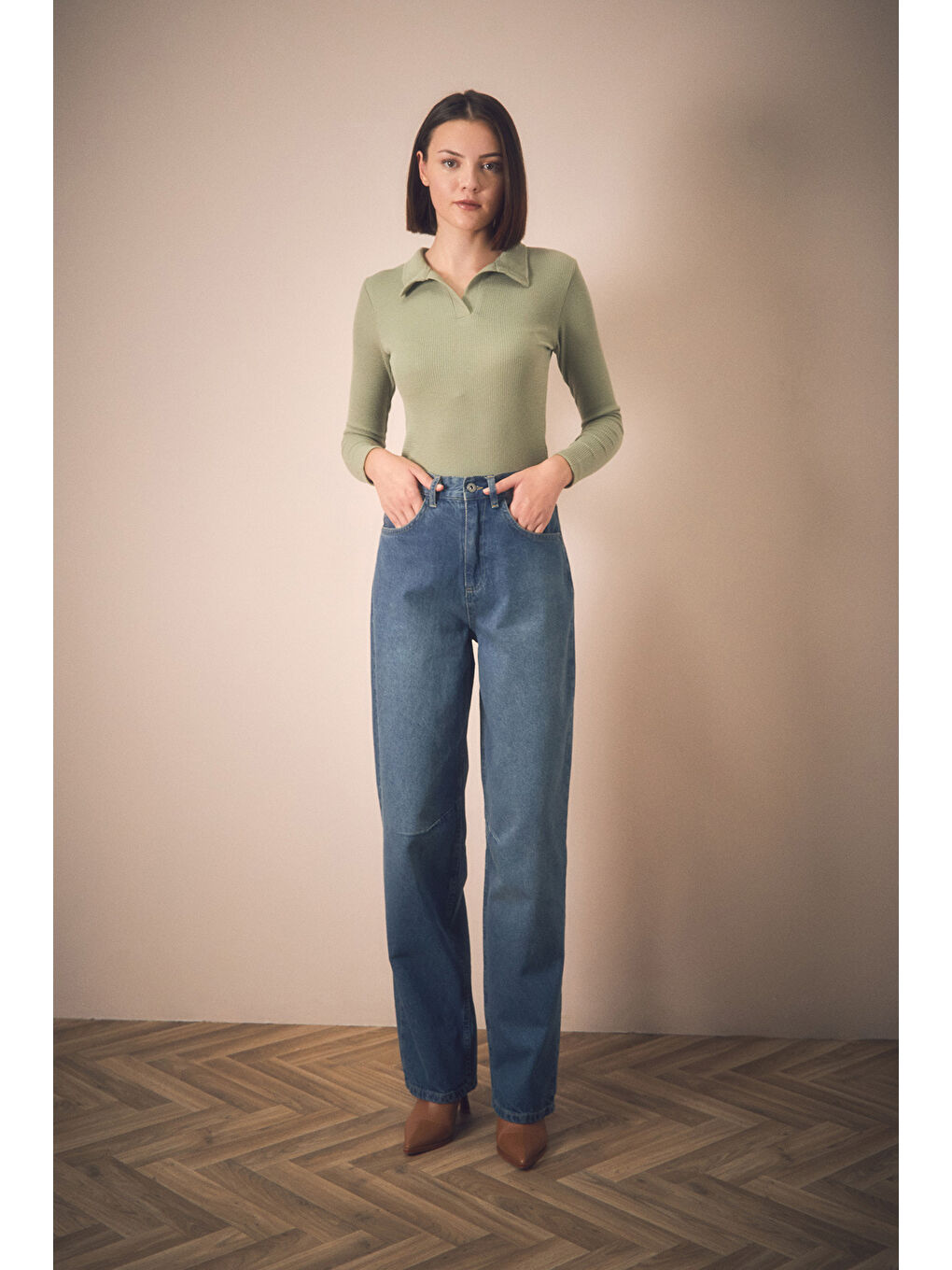 Mavi Fermuarlı Beli Tokalı Palazzo Jean