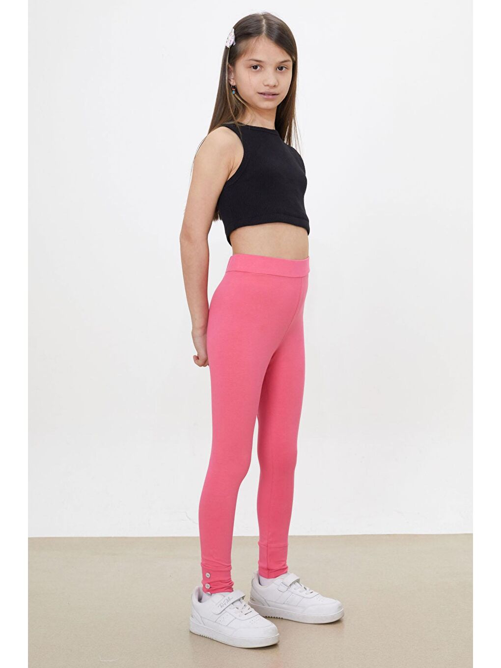 Kız Çocuk Paçası Düğme Detaylı 2'li Düz Tayt Siyah-Pembe 18201