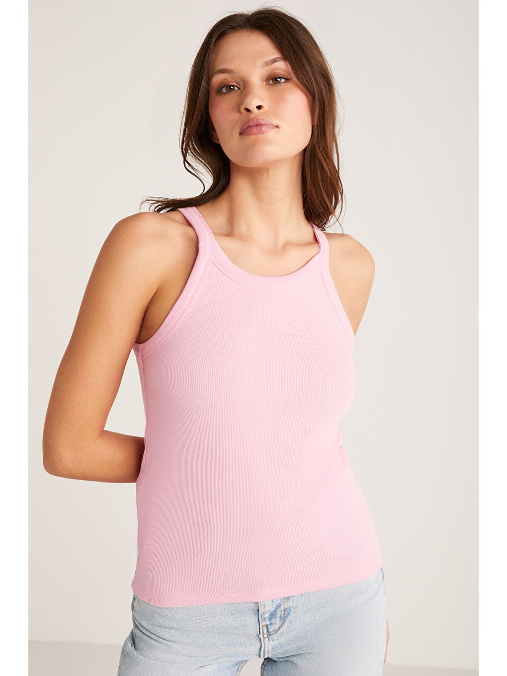 Emıly Kadın Regular Fit Normal Kalıp Pamuklu Kalın Askılı Oyuk Yaka Örme Pembe Atlet-1