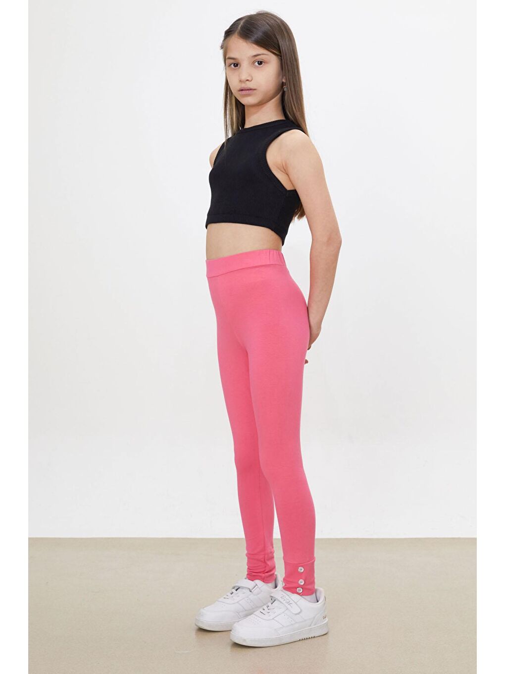 Kız Çocuk Paçası Düğme Detaylı 2'li Düz Tayt Siyah-Pembe 18201-2