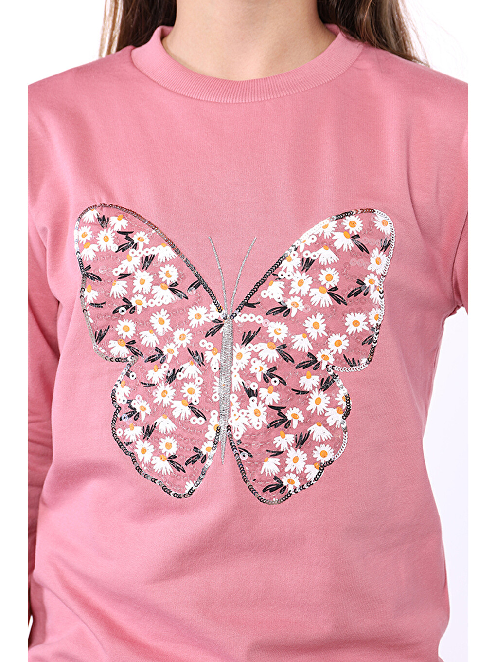 Pembe Kız Çocuk Kelebek İşlemeli Sweatshirt