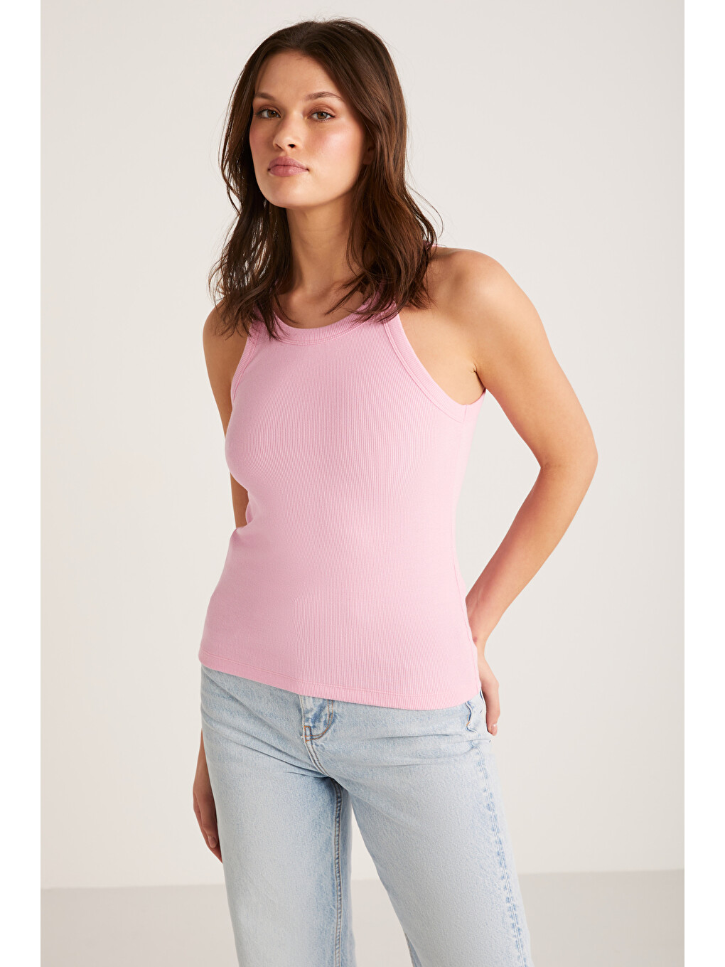 Emıly Kadın Regular Fit Normal Kalıp Pamuklu Kalın Askılı Oyuk Yaka Örme Pembe Atlet-2