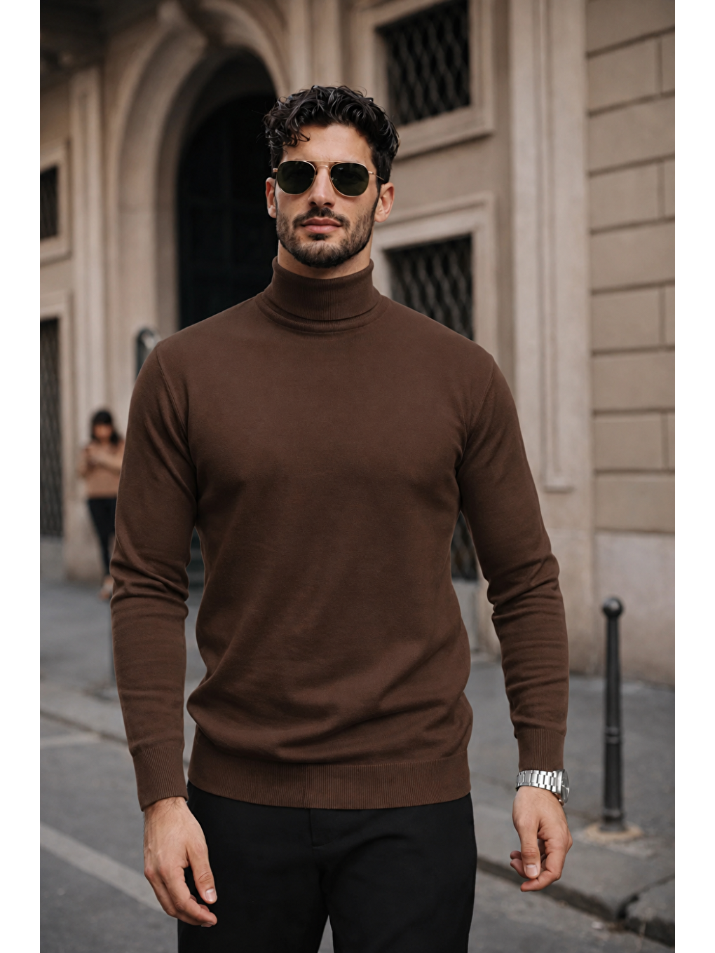 Kahverengi Erkek Kışlık Basic Slim Fit Uzun Kahve Kazak