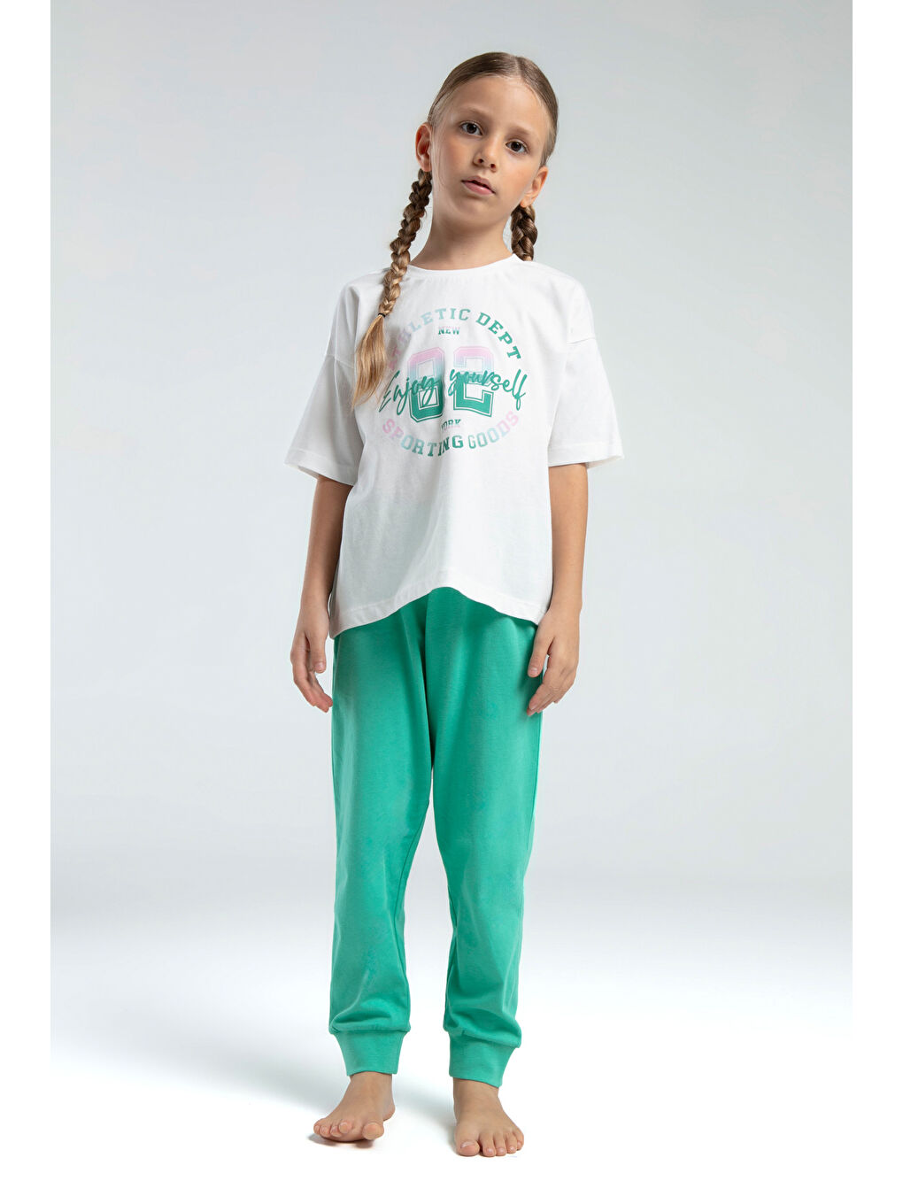 Gri Kız Çocuk Önü Baskılı Pijama Takım-1