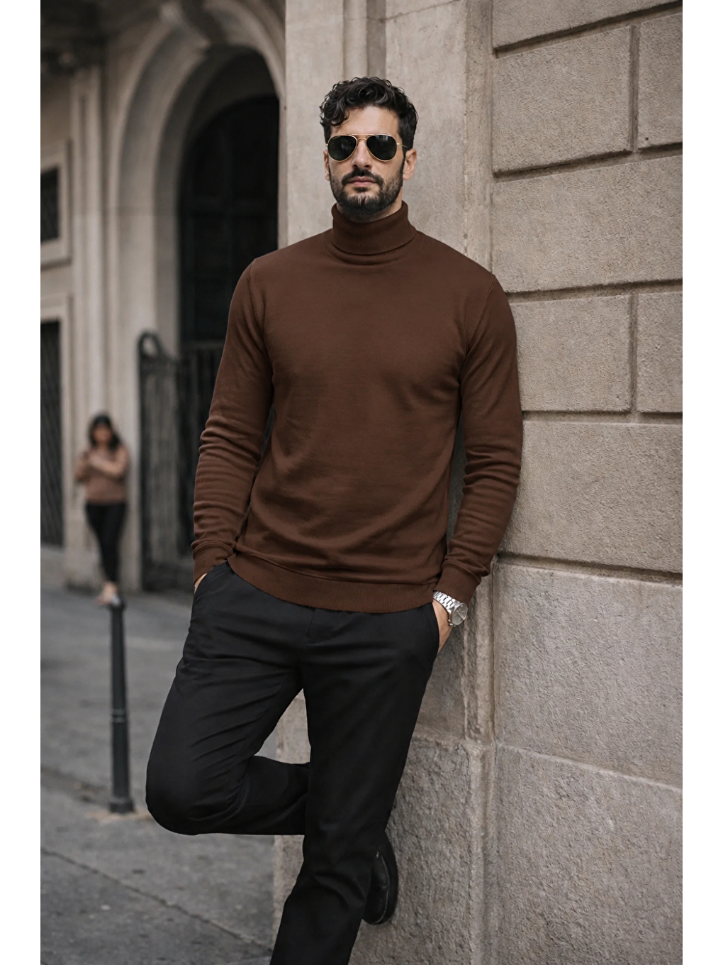 Kahverengi Erkek Kışlık Basic Slim Fit Uzun Kahve Kazak-1