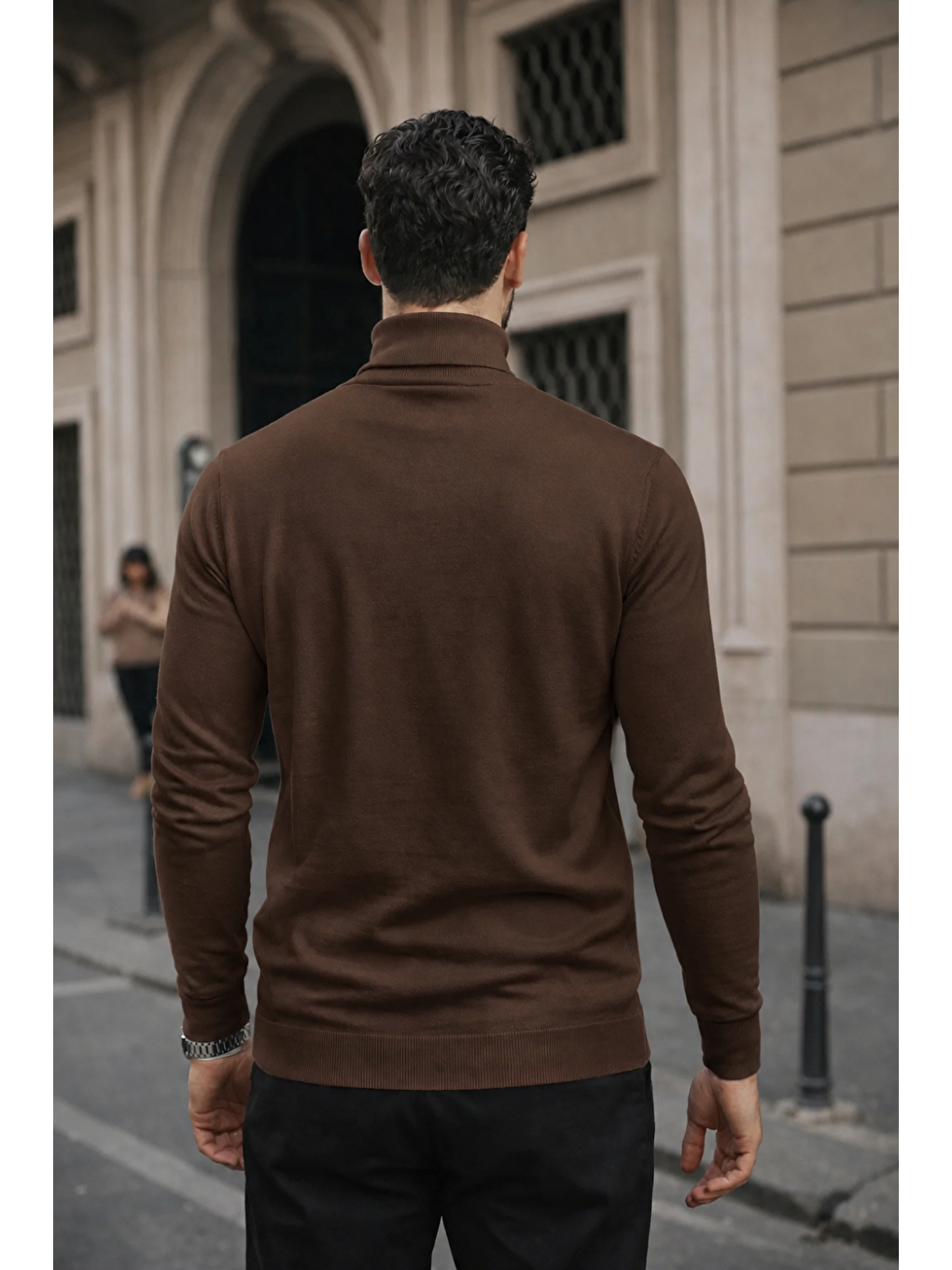 Kahverengi Erkek Kışlık Basic Slim Fit Uzun Kahve Kazak-2