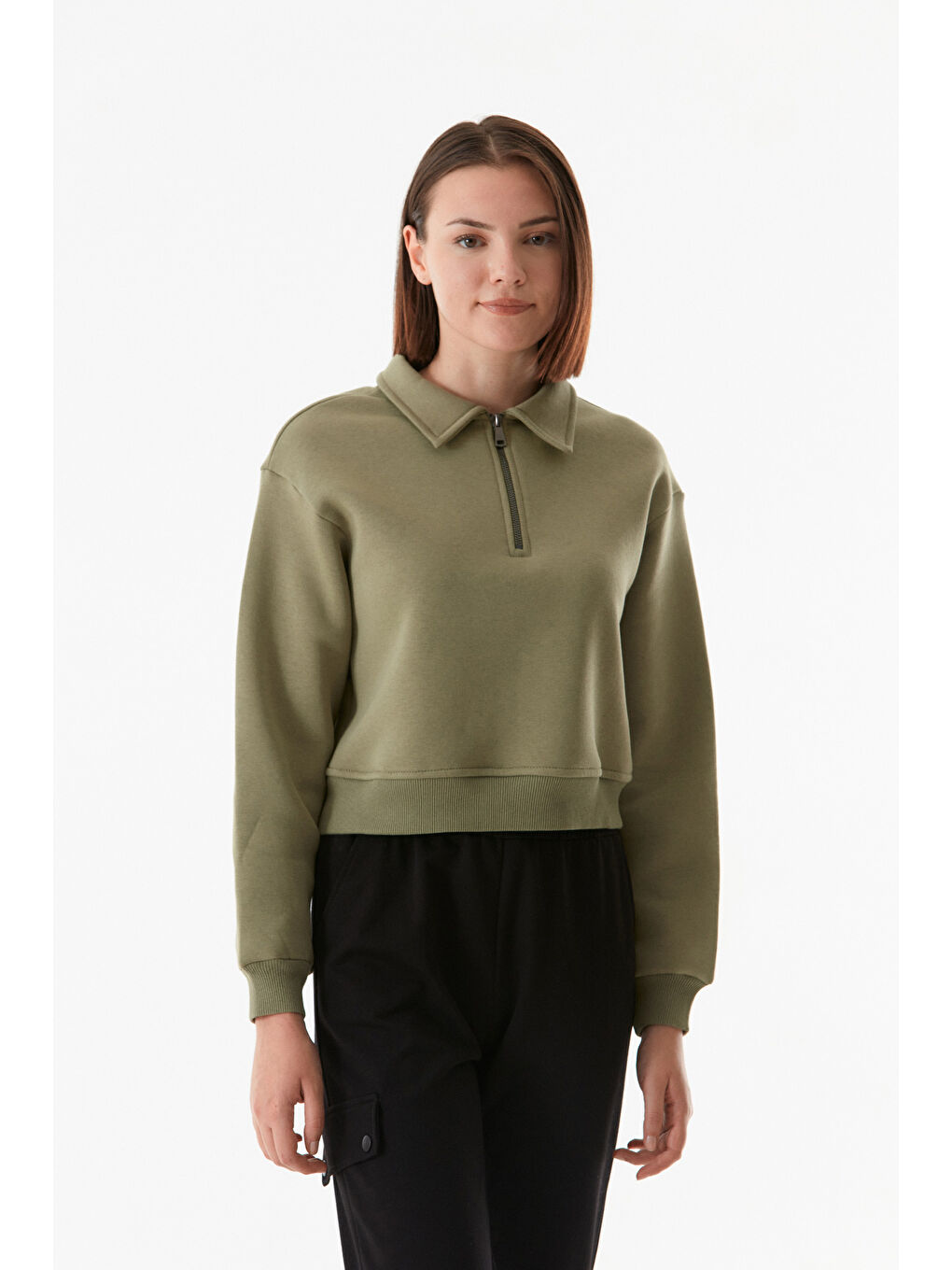 Fullamoda Haki Polo Yaka Yarım Fermuarlı Crop Sweatshirt - 3