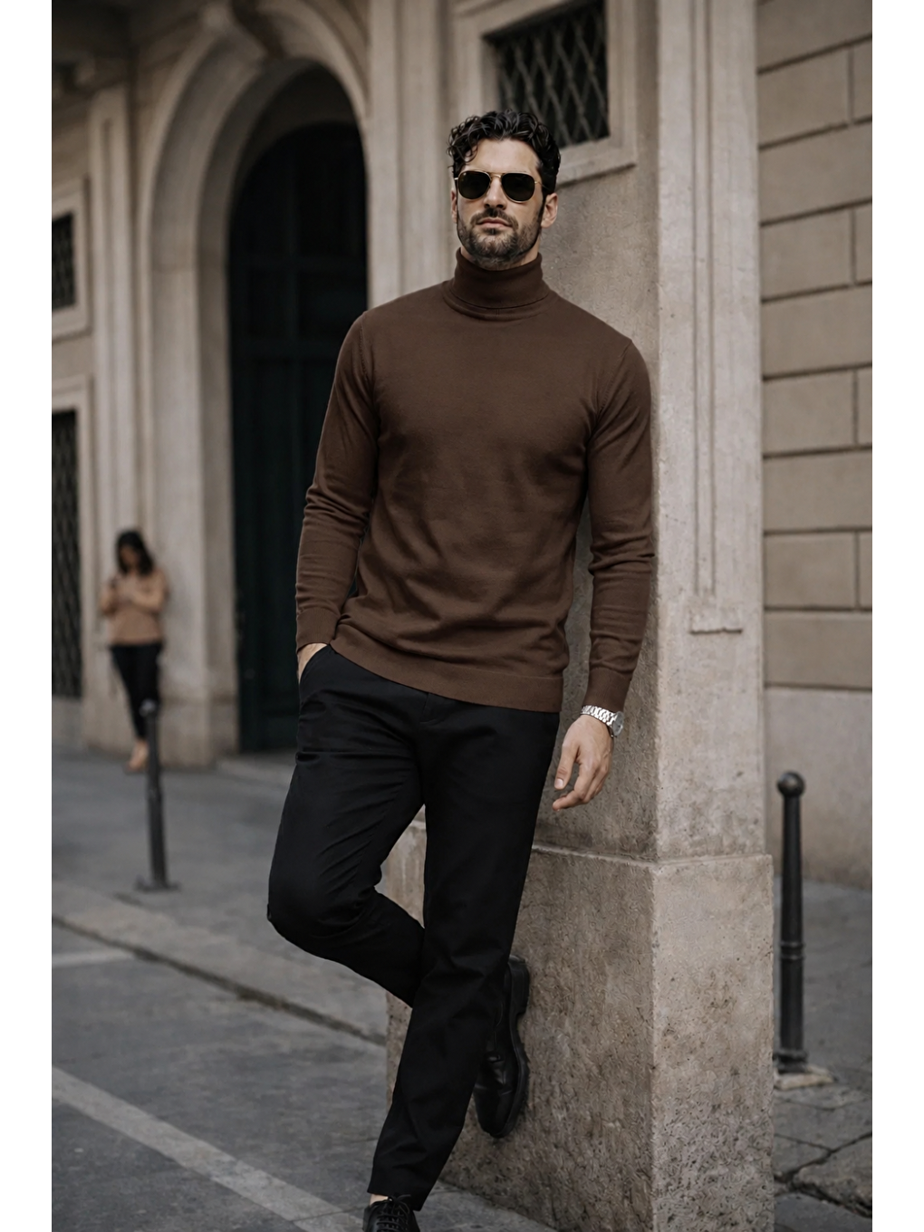 Kahverengi Erkek Kışlık Basic Slim Fit Uzun Kahve Kazak-3