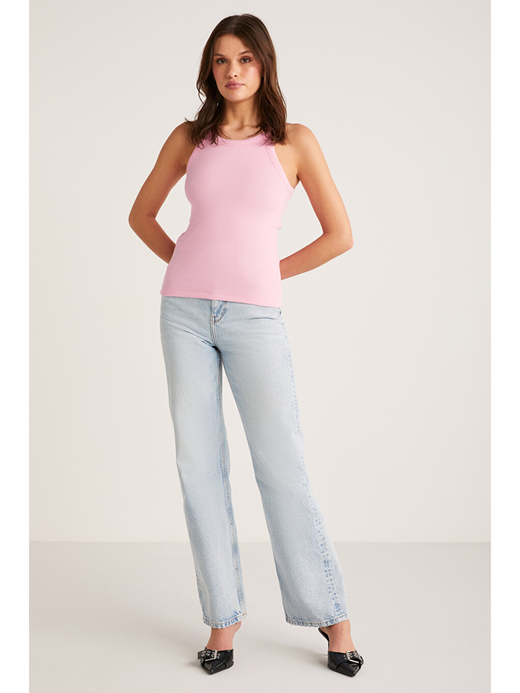 Emıly Kadın Regular Fit Normal Kalıp Pamuklu Kalın Askılı Oyuk Yaka Örme Pembe Atlet-3