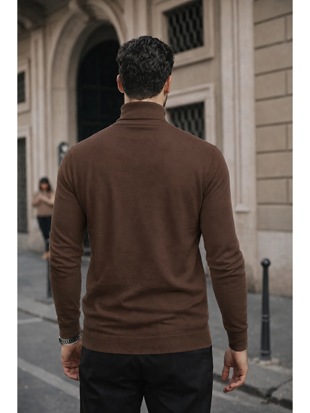 Kahverengi Erkek Kışlık Basic Slim Fit Uzun Kahve Kazak-4