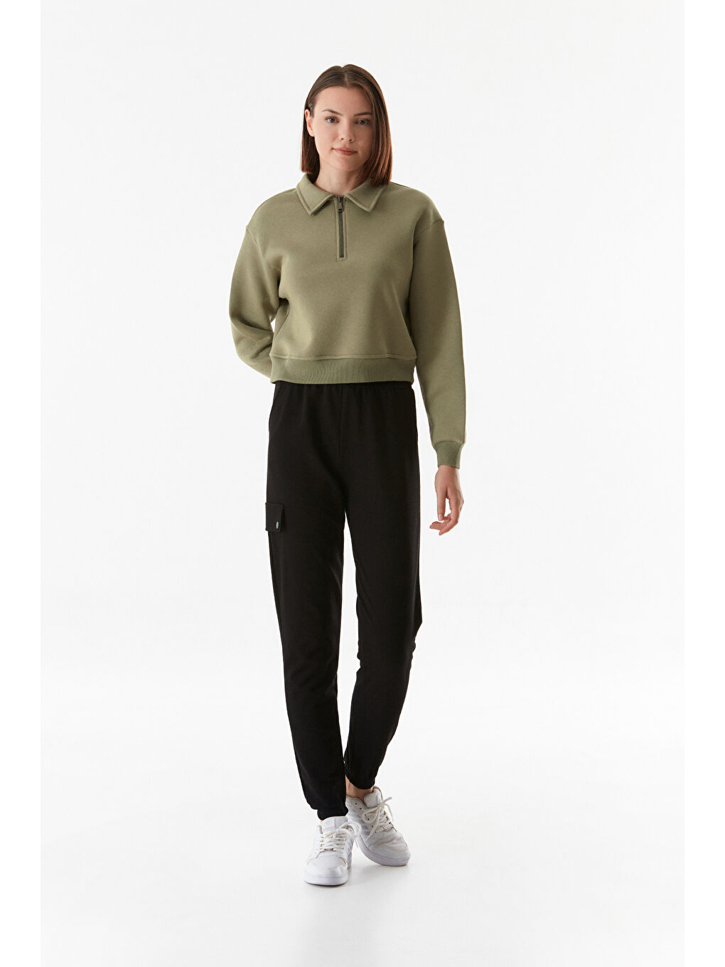 Fullamoda Haki Polo Yaka Yarım Fermuarlı Crop Sweatshirt - 4