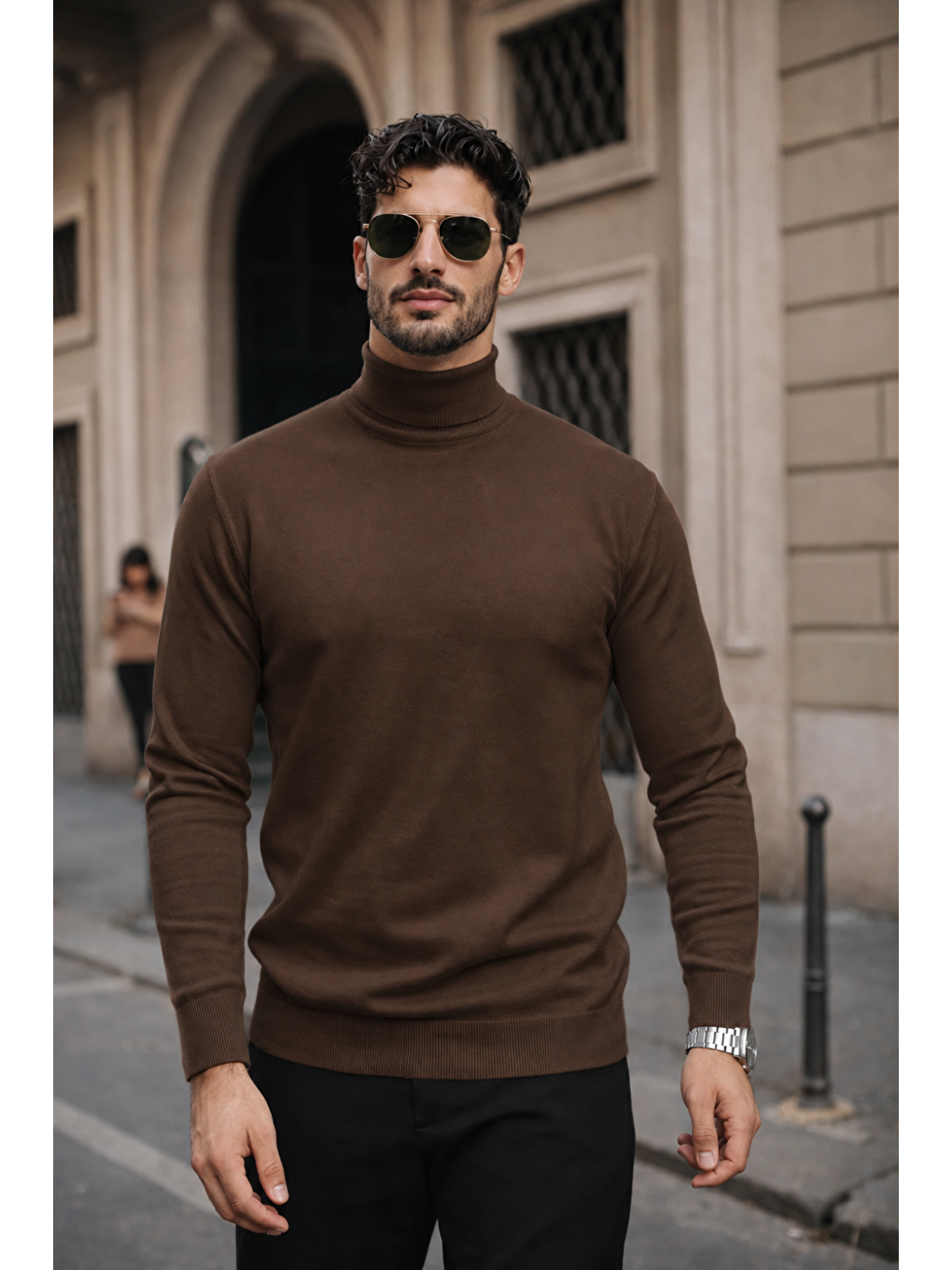 Kahverengi Erkek Kışlık Basic Slim Fit Uzun Kahve Kazak-5