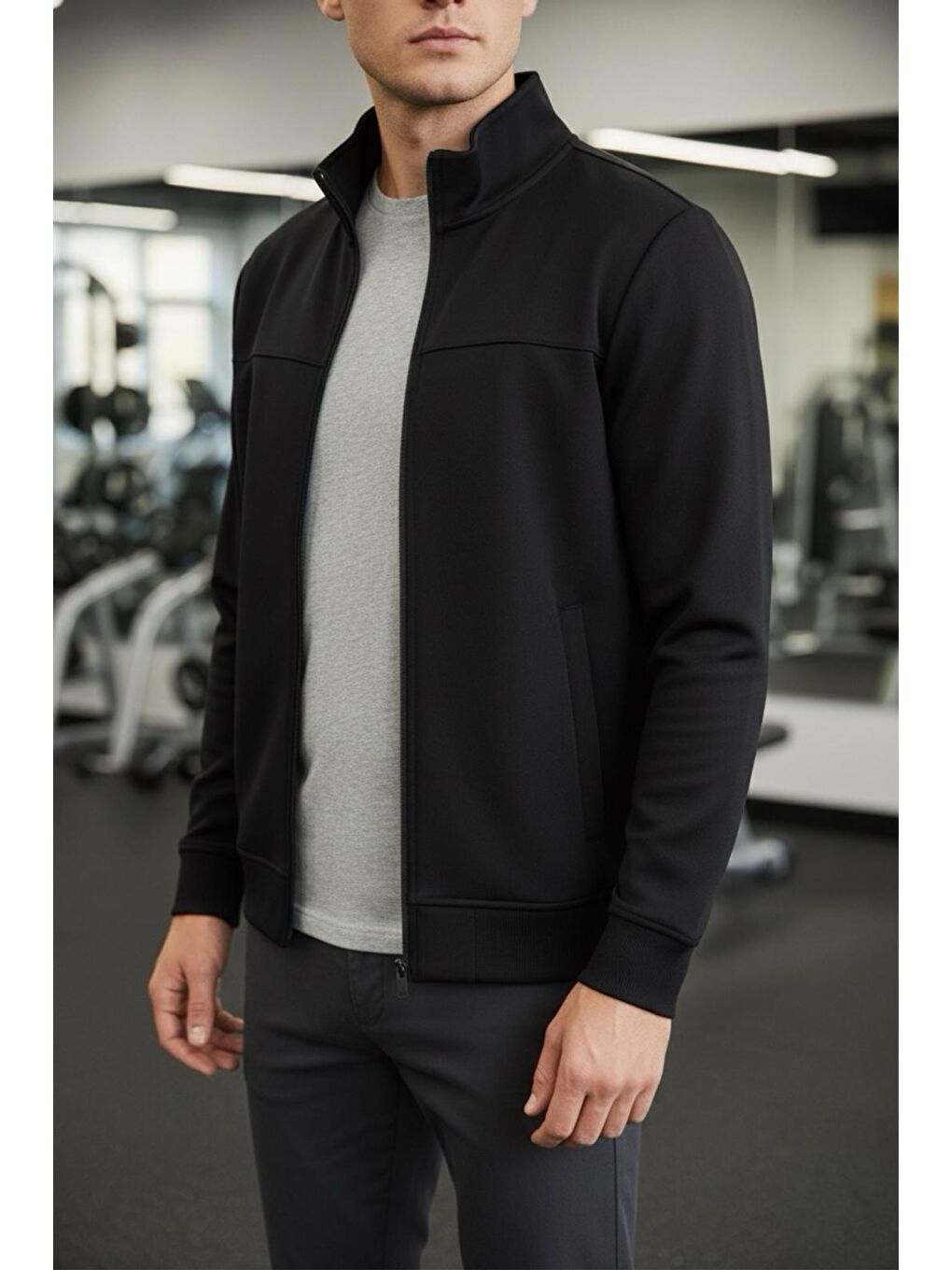 Siyah Loxy Antreman Scuba Kumaş Dik Yaka Fermuarlı Ceket